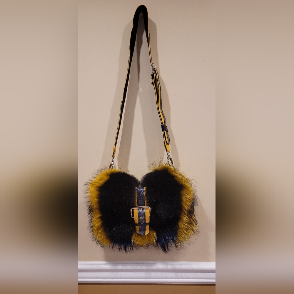Mitchie's genuine lamb leather purs,dyed raccoon fur, brand new, black yellow